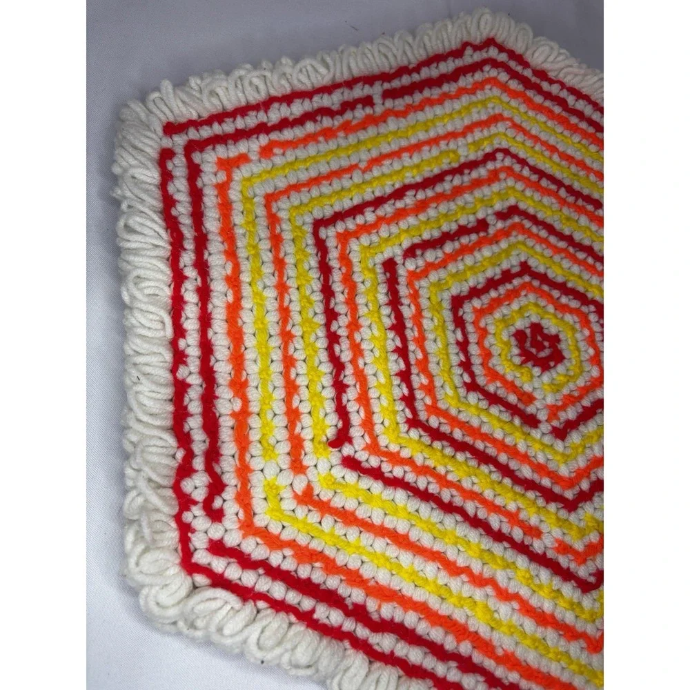 Handmade Yarn Placemat Hot Pad Knit Crochet Double Sided Orange Vintage 1970s